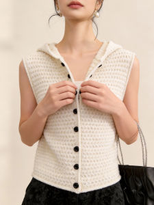 QINGNAER | Hooded Single Row Button Knit Sleeveless Tank Top Oversized Womens Clothes