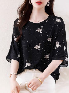 WANGGONGZHU | Floral Print Chiffon Short Sleeve T-Shirt Womens Summer New Korean Style Elegant Beautiful Design Unique Top Princess Style