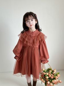 ชุดเดรสผ้าฝ้ายสไตล์เจ้าหญิงสำหรับเด็กผู้หญิงสีแดงคุณภาพสูงแฟชั่นฤดูใบไม้ร่วง 2024 ชุดเดรสเด็กผู้หญิงสไตล์เกาหลีใหม่