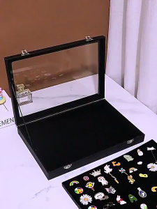 [Local Seller] LARGE SIZE Badge Storage Box Transparent Dust-Proof Chest Pin Box Medal Display Pu Leather Jewelry Medal Collection Display Frame