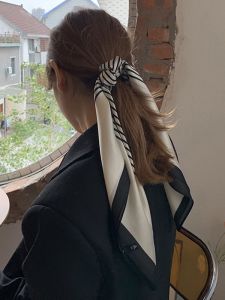 Multi-functional Cocoa Silk Scarf for Women Stylish Small Square Polyester Fiber Scarf/Silk Scarf with Stripes Pattern for All Seasons