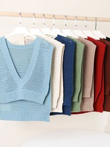 เสื้อคลุมคาร์ดิแกนถักสำหรับผู้หญิง แขนกุด เสื้อคลุมคอวี ช่วงไหล่ ช่วงฤดูใบไม้ผลิและฤดูร้อน สไตล์เกาหลี คุณภาพสูง