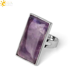 CSJA Rectangle Natural Stones Finger Rings Silver Color Adjustable Ring Healing Amethysts Rock Crystal Pink Quartz Jewelry G456