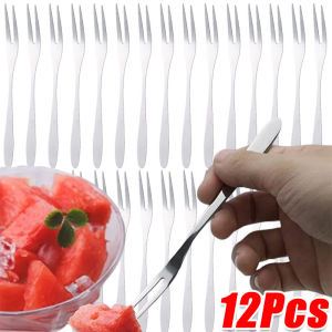 12pcs Stainless Steel Fruit Forks / Small Cutlery Fruit Fork / Two-tooth Dessert Cake Mooncake Fork / Multi-functional Household Kitchen Western Fork Accessories