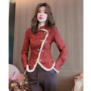 New Chinese Style Ruffled Patchwork Diagonal Design Stand Collar Long Sleeves Shirt Womens Winter New Arrival Graceful Slim-Fit Tops