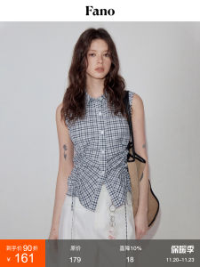 Fano Design Sensation Womens Short Sleeveless Collared T-Shirt Summer New Style Cotton 100% Checkered Print Side Gathered