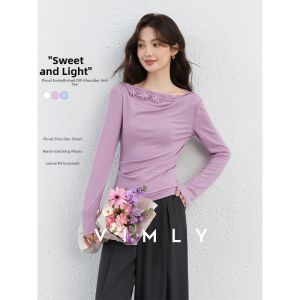 Vimly | French Style White One-Shoulder Long-Sleeve Women T-Shirt