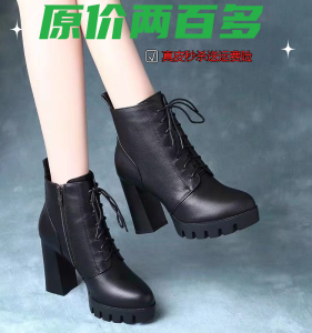 Genuine Leather Martin Boots Womens High Heels Thick Bottom Waterproof Platform Tie Sharp Point High Boots Fashionable Short Boots