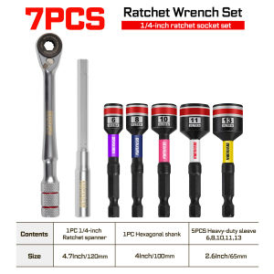 Geinxurn 1/4-inch Ratchet Wrench Set with 2.56 Heavy Duty Socket 1 Magnetic S2 Steel Bits Set with Color Coded Base for DIY