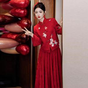 New Chinese Style Wedding Dress Red Color Womens New Bride Marriage Ceremony Costume Qipao Wedding Dress for Return Home Dinner