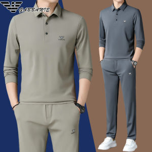 Spring Summer High End Fashion Brand Mens Sport Leisure Suit Set Silk Long Sleeve Collared Two Piece Trendy Polo Shirt And Pants
