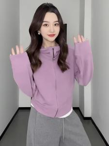 Korean Style Womens Hoodie Short Zipper Cardigan Loose Comfortable Top Autumn Fashion Casual Long Sleeve Solid Color