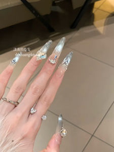 Handmade Pure Ice Blue French Cat Eye Nail Extensions Long Wear Glitter Gradient New 2025 High-End Sensation Nail Tips