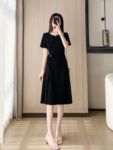 French Style Black A-Line Dress Women Summer 2025 New Slimming Waist High Waist Polyester Fiber Short Sleeve Midi Dress