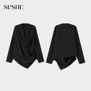 SUSHE | Overlap V-Neck Irregular Hem Hidden Elastic Waist Chiffon Blouse