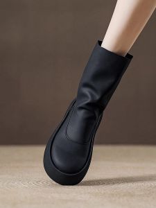 Lulucozy Spanish เฉพาะกลุ่ม ยี่ห้อ ฤดูใบไม้ร่วง ฤดูหนาว ส้นหนาใหม่ ยืดได้ รองเท้าบู๊ตบุหรี่เพิ่มความสูง Slim ผู้หญิง รองเท้าบูทหัวกลม