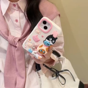3D Wristband Cartoon Cat Silicone Phone Case for iPhone 13 14 15 16 17 Pro Max Casing Soft Silicone Cover for iPhone 17 Case