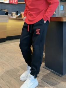 Mens Winter Fashion Fleece Lined Casual Pants Heavy Embroidery Design Adjustable Waist Cargo Long Trousers Street Style