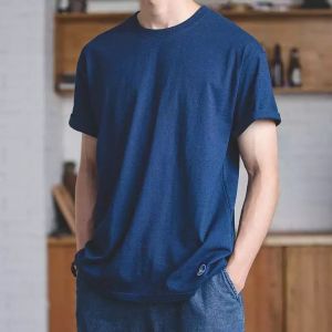 Maden brand tooling style 2026 men youth simple Japanese retro Ami Kaji 220g blue dyed T-shirt round neck indigo solid color thin section folded sleeve mens bottoming shirt