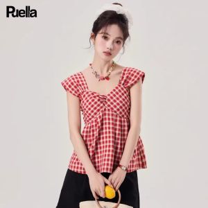 Puella | Áo Blouse Sọc Caro Không T Tay Nẹp Eo Ôm Dáng