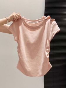 Round Neck Straight Shoulder Short Sleeve Slimming Ruched T-shirt