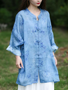 Original Design Cotton Linen Womens Artistic Retro Chinese Ethnic Style Loose Midi Printed Shirt Floral Pattern Commute Style