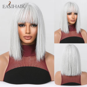 Short Straight Sliver Gray Blonde Synthetic Wig with Bangs for Women Gray Bob Hair Halloween Cosplay Party Wigs Heat Resistant