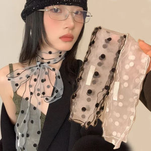 ผ้าคาดศีรษะริบบิ้นกระเป๋าดำผ้าไหมผ้าพันคอไหมยาวสำหรับผู้หญิงผ้าพันคอตาขายลายจุดน้ำหนักเบา Y2k แฟชั่นริบบิ้นยาวสำหรับการป้องกันคอ