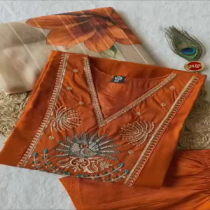 [PRE ORDER - 10 DAYS] Premium Light Rust Roman Silk Kurti Pant Dupatta Set with Heavy Chanderi Jacquard Dupatta - 412
