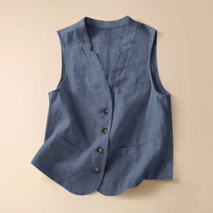 Linen Summer Style Womens Vest Thin Single Layer Sleeveless Tank Top Spring Autumn Cotton Linen Material Blue Top