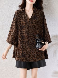 Fashionable American Style Leopard Print Shirt Womens September New Arrival Street Style Unique Top V-neck Nine-point Sleeve