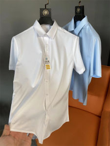 เสื้อเชิ้ตผู้ชายแขนสั้นทรงหลวมสไตล์ธุรกิจลำลองผ้าฝ้ายไผ่คอกลมฤดูร้อน ผ้าสีอัดด้วยน้ำ ผ้าลายสก็อต เสื้อผ้าทำงานลำลอง