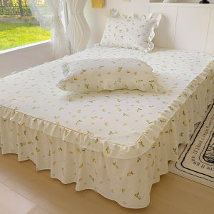 Washed Cotton Bed Sheet Lemon Printed Super Single Queen King Bed Skirt 35cm Height Bedspread