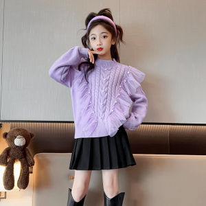 เสื้อสเวตเตอร์ถักหนาสำหรับเด็กผู้หญิง เสื้อคลุมกันหนาวแบบมีฮู้ด แขนยาว คอวี ทรงหลวม แฟชั่นฤดูใบไม้ร่วง/ฤดูหนาว