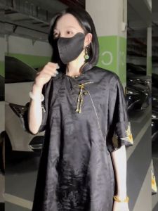 New Chinese Style Hepburn Loose Black Unique Tea Break Dress Summer New Acetate Maturity Wind Dress Womens Fashion Dress