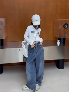 Baggy Pants For Kids Girls Curved Knife Wide-leg Pants For Older Children With Multiple Pockets Straight-leg Jeans