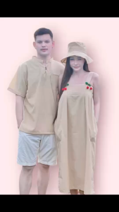 Antnine พร้อมส่ง ชุดคู่รัก สีพื้น ผ้าฝ้าย ชุดเดรสผู้หญิง กับเสื้อคอจีนผู้ชาย จะใส่ไปเที่ยวเขา ไปไหว้พระได้เลยน่ารักมาก