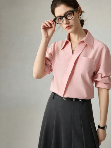 YAKEJIA | Smart Elegant Pink Short Sleeve Shirt with V-Neck