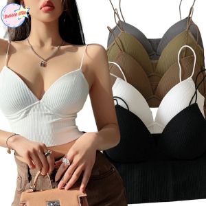 Women Seamless Crop Top Wire Free Underwear Camisole V Shape Spaghetti Strap Solid Striped Bralette Lingerie One Piece Tube Tops