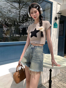 กางเกงขาสั้นยีนส์ทรงเอเอวสูงสไตล์ย้อนยุคสำหรับผู้หญิง กางเกงขาสั้นทรงตรงบางๆ ทรงเข้ารูป กางเกงขายาวทรงตรงสำหรับผู้หญิงในช่วงฤดูร้อนปี 2024