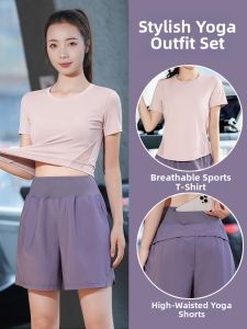 Womens Summer Yoga Top Loose Short Sleeve High Waist Back Pocket Shorts Sportswear