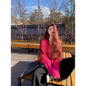 เสื้อสเวตเตอร์คอวีผู้หญิงฤดูใบไม้ผลิและฤดูใบไม้ร่วงสีส้มส้มเนื้อฟูฟูสไตล์หลวมๆ หรูหรา เสื้อสเวตเตอร์ถักแบบสวมหัว