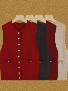 Womens round Neck Knitted Vest Soft Cozy Sleeveless Sweater Cardigan Outerwear Thickened Polyester Fiber Commute Style