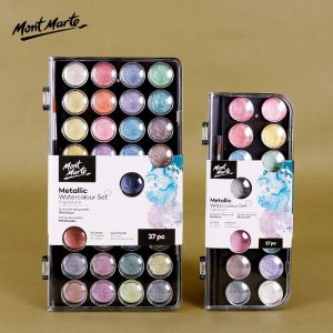 Mont Marte 16/18/36สีเมทัลลิกประกายมุกแข็งชุดสีน้ำด้วยปากกาแปรงกวาดน้ำพื้นฐานนีออนแวววาวสีน้ำสำหรับอุปกรณ์สมุดวาดรูป