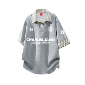 CHARLES JANGS HAPPY HEART | Heart Print Fake Two-Piece T-Shirt Short Sleeve Contrast Stripe Collar