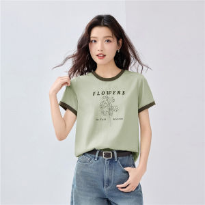 เสื้อยืดคอกลมแขนสั้นผ้าฝ้ายแท้ Giordano สำหรับผู้หญิง ลายดอกไม้สีบล็อก ทรงหลวม ทรงพอดีตัว ฤดูร้อน 2024 ลำลอง