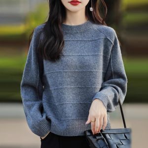 Autumn Winter Short Sleeve Womens Cashmere Sweater round Neck Knitted Loose Long Sleeve Base Shirt Versatile Solid Color