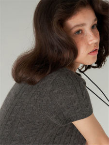Womens Vintage Twist Short Sleeve Knit T-Shirt New Loose Fit Round Neck Grey Unique Base French Top Pullover