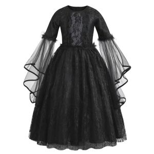 Kids Lace Trimmed Witch Costume Dress Black Gown for Girls Age 2-10 Halloween Carnival Street Party Stage Performance Outfit