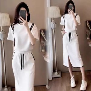 Casual Fashionable Womens Two-Piece Set Summer 2024 New Style Age-Defying Top Split Mini Skirt Polyester Blend round Neck Short Sleeve